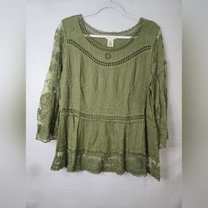 Ultra Pink Olive Green Lace Women's Top Embroidery Lace Details Size XL